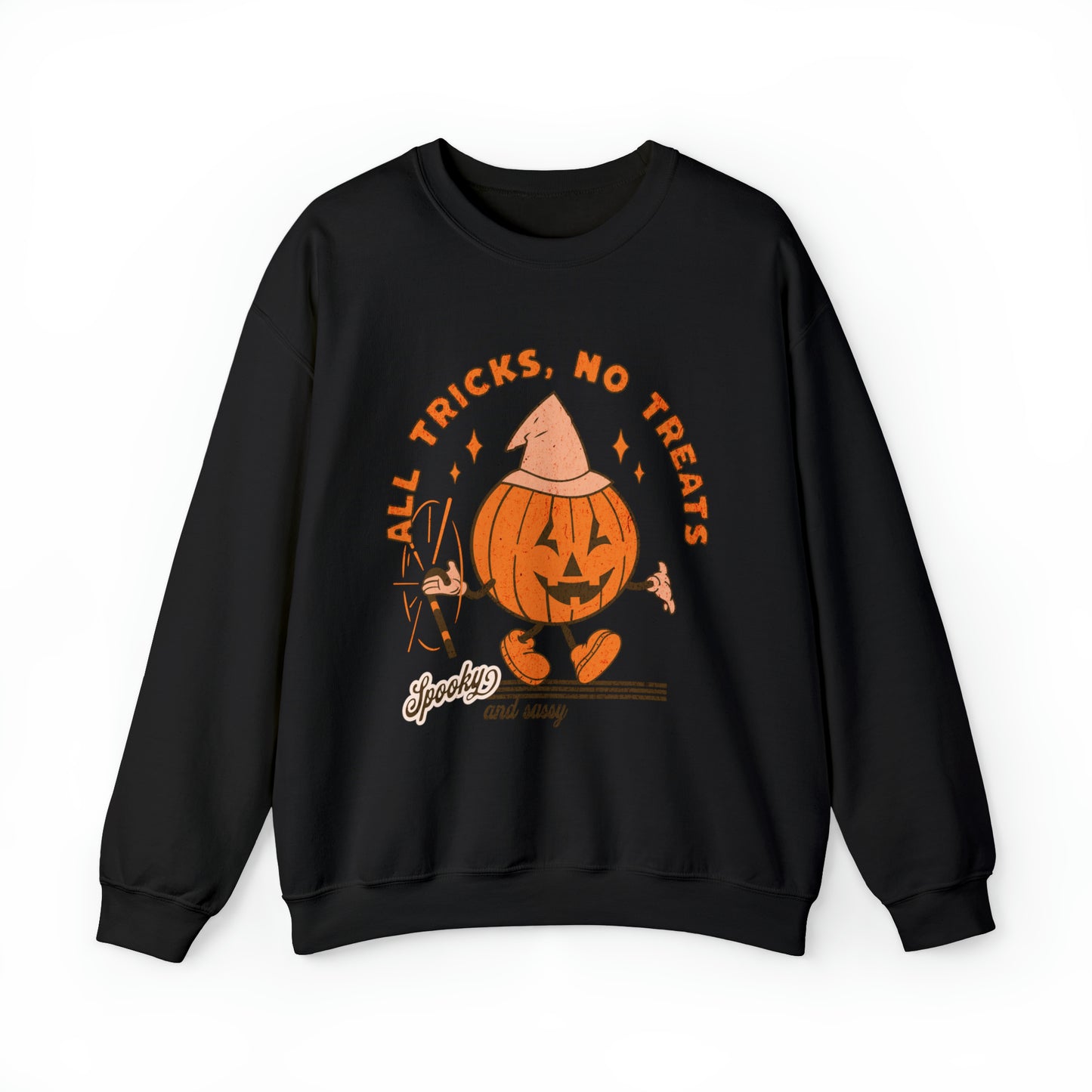 All tricks no treats funny retro groovy pumpkin sweatshirt, vintage inspired pumpkin halloween hoodie, spooky season sassy sweater