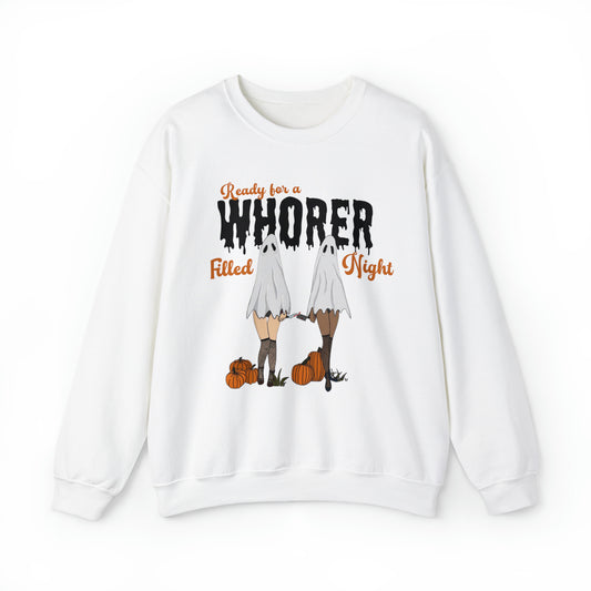 Funny halloween pun sweatshirt, horror whorer pun meme sweater, groovy retro graphic hoodie, spooky season ghost sweats, naughty sweatshirt