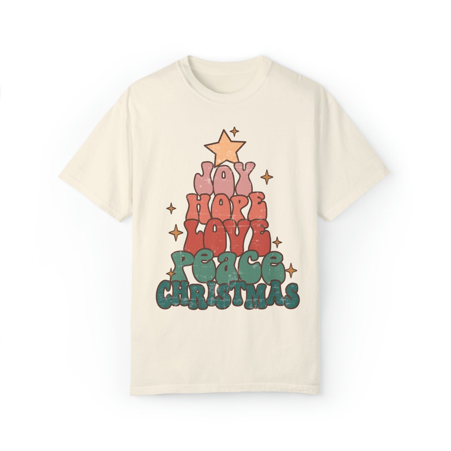 Comfort colors Christmas tree tshirt, Joy, love, hope, peace shirt, retro xmas Holiday Tee, cute festive outfit, groovy retro font