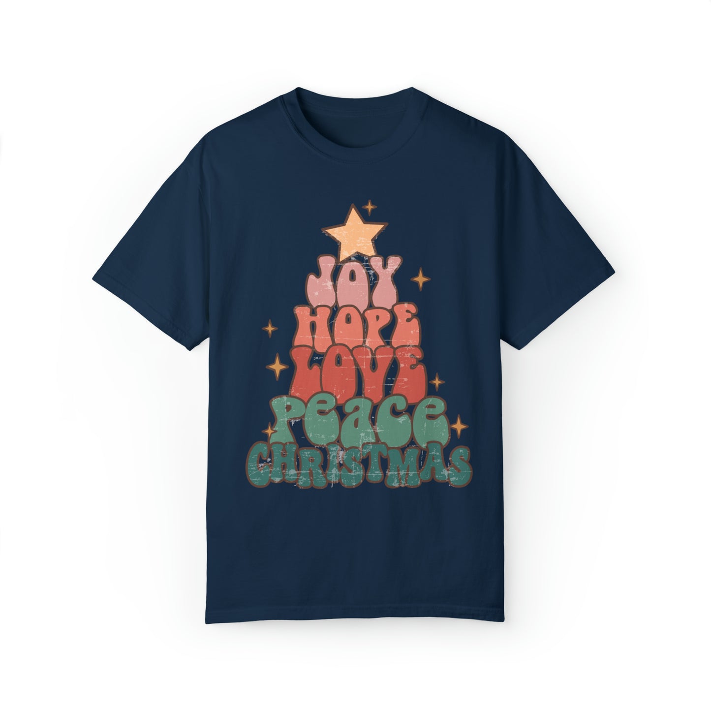 Comfort colors Christmas tree tshirt, Joy, love, hope, peace shirt, retro xmas Holiday Tee, cute festive outfit, groovy retro font