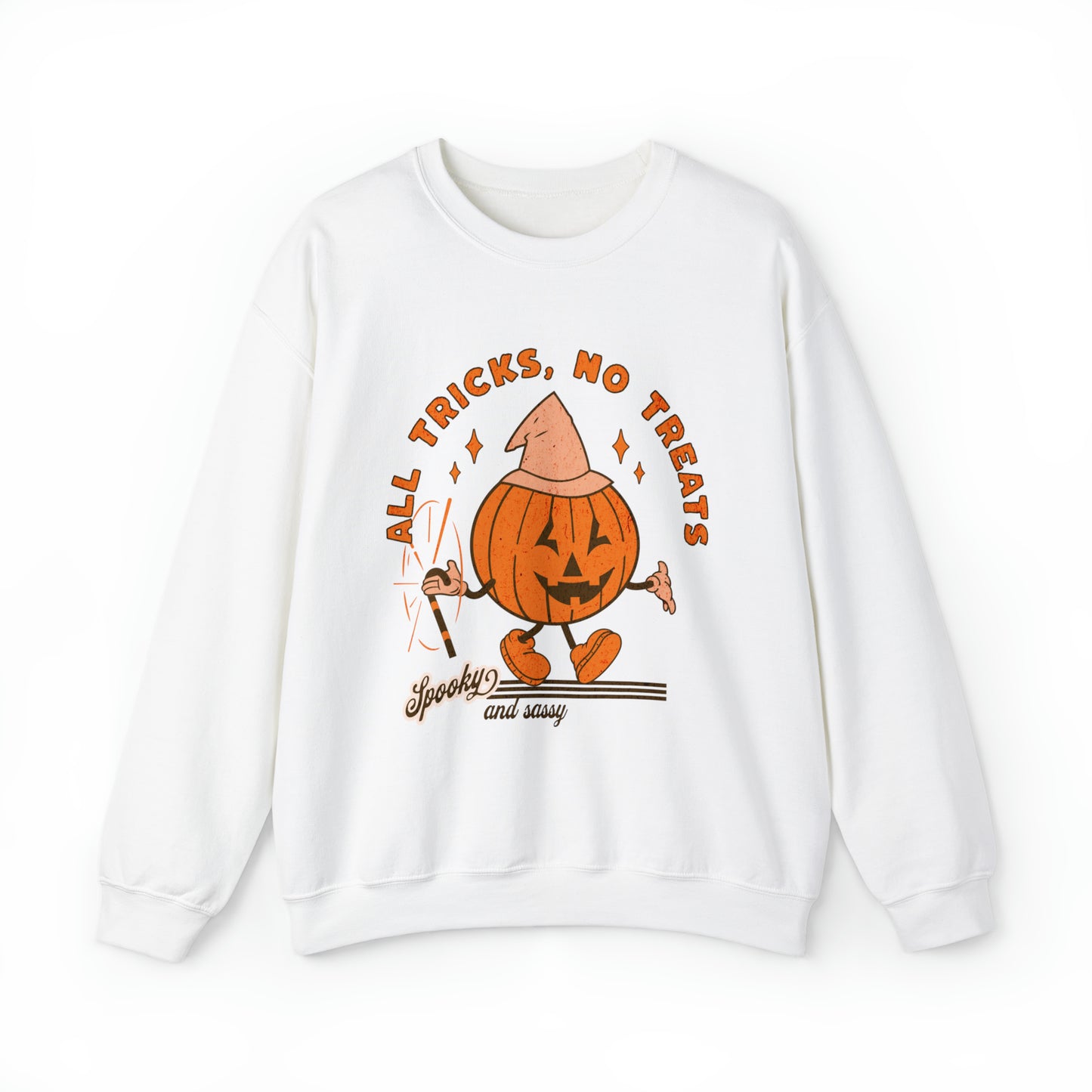 All tricks no treats funny retro groovy pumpkin sweatshirt, vintage inspired pumpkin halloween hoodie, spooky season sassy sweater