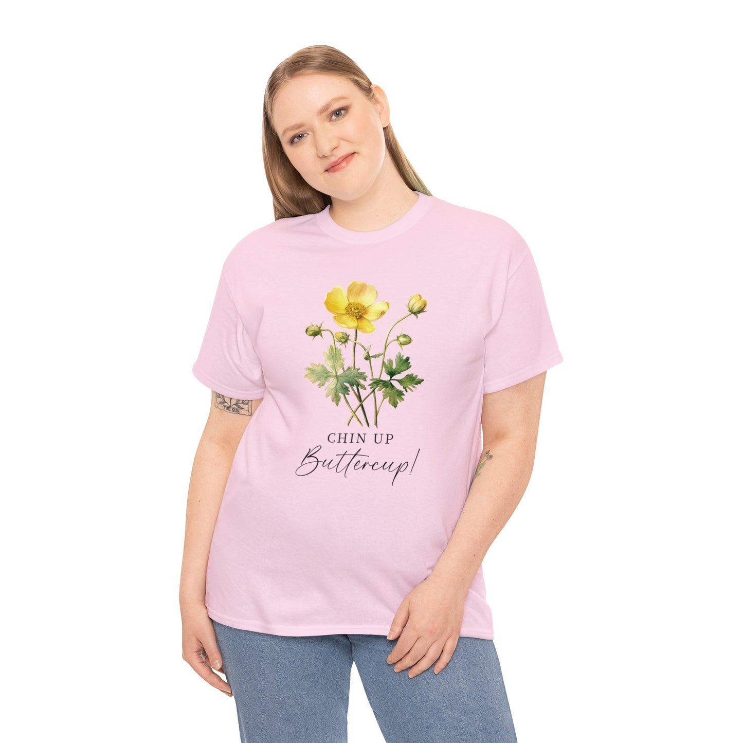 Cute minimalist wildflower tshirt, chin up buttercup postive message shirt, inspirational uplifting good vibe floral tee, happy gift for her