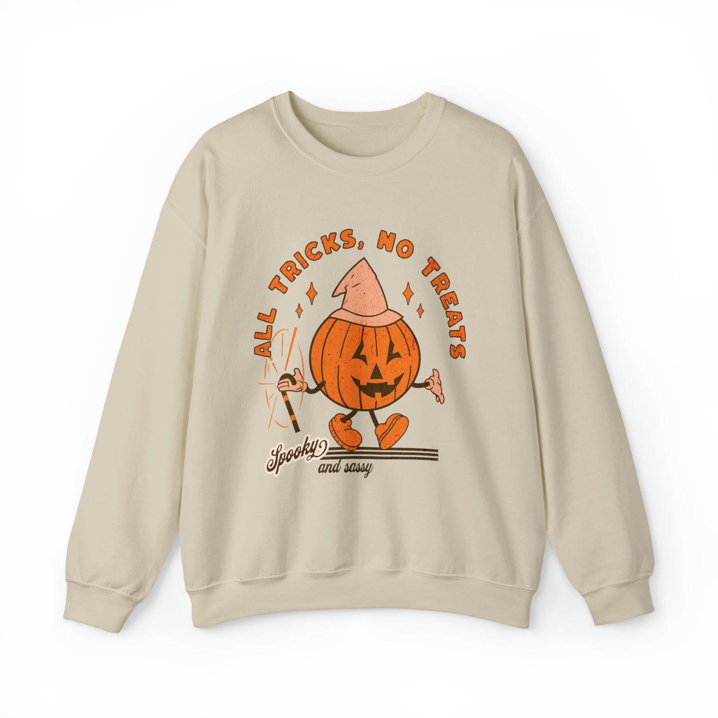 All tricks no treats funny retro groovy pumpkin sweatshirt, vintage inspired pumpkin halloween hoodie, spooky season sassy sweater