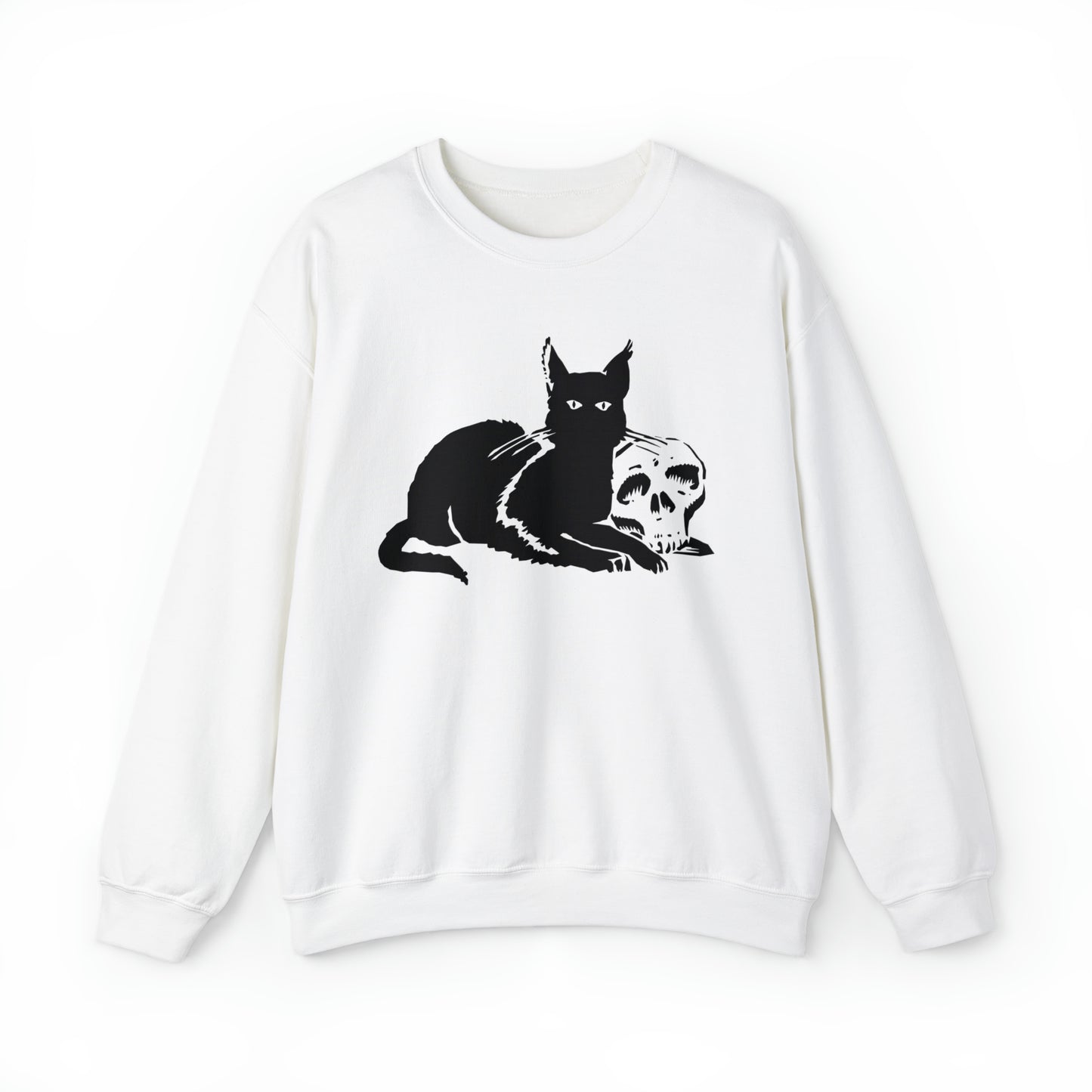 Cute spooky black cat with skull halloween sweatshirt, funny skeleton holiday hoodie, vintage inspired hand drawn sweater, boho fall autumn