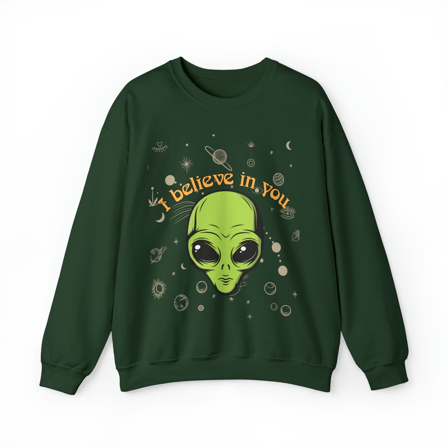 I believe in you positive alien sweatshirt, psychadelic extra terrestrial hoodie, 90s aesthetic good vibes sweater