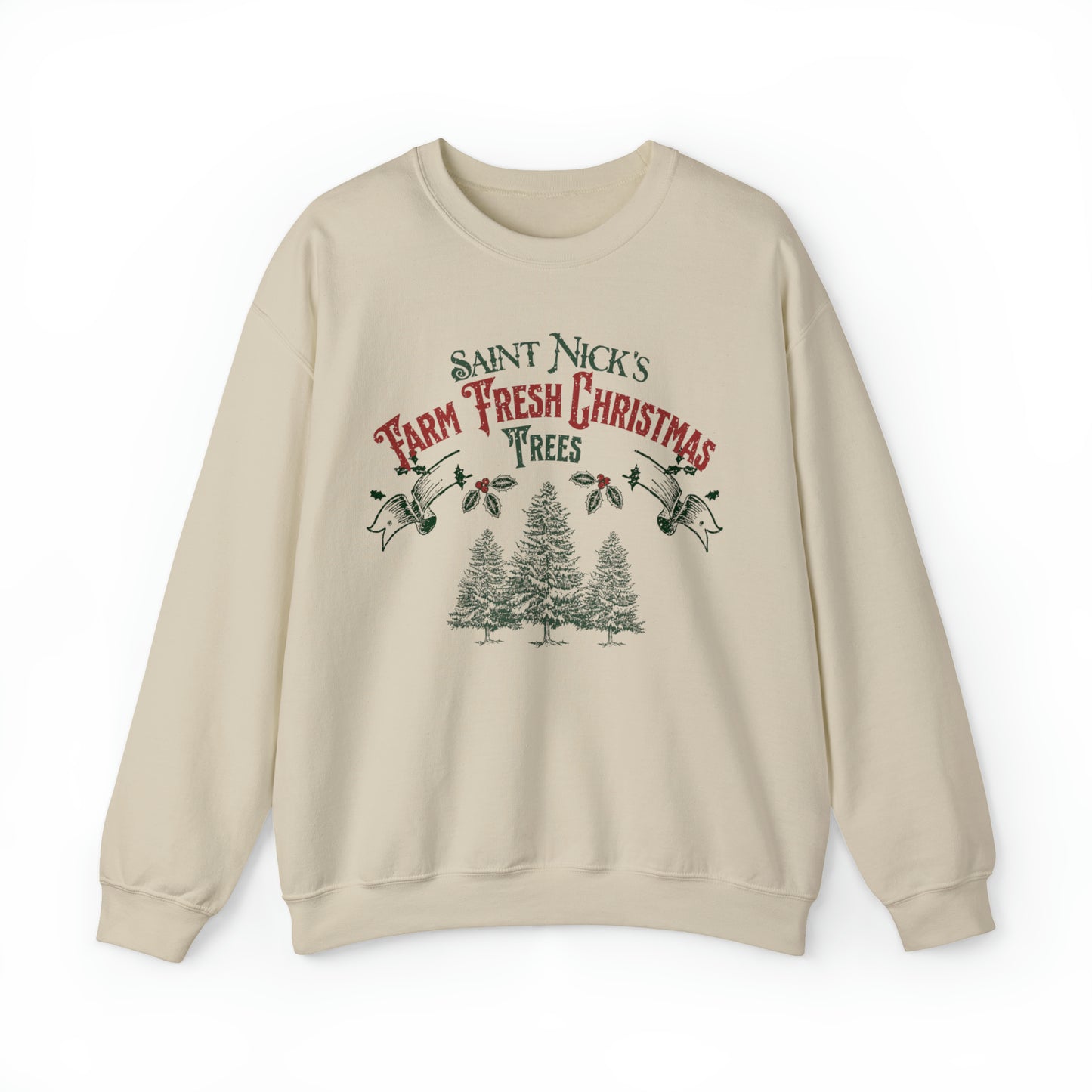 Cute Holiday Sweater, Saint Nick's farm fresh Christmas trees hoodie, Vintage inspired cozy xmas sweatshirt, holly jolly, merry, santa claus