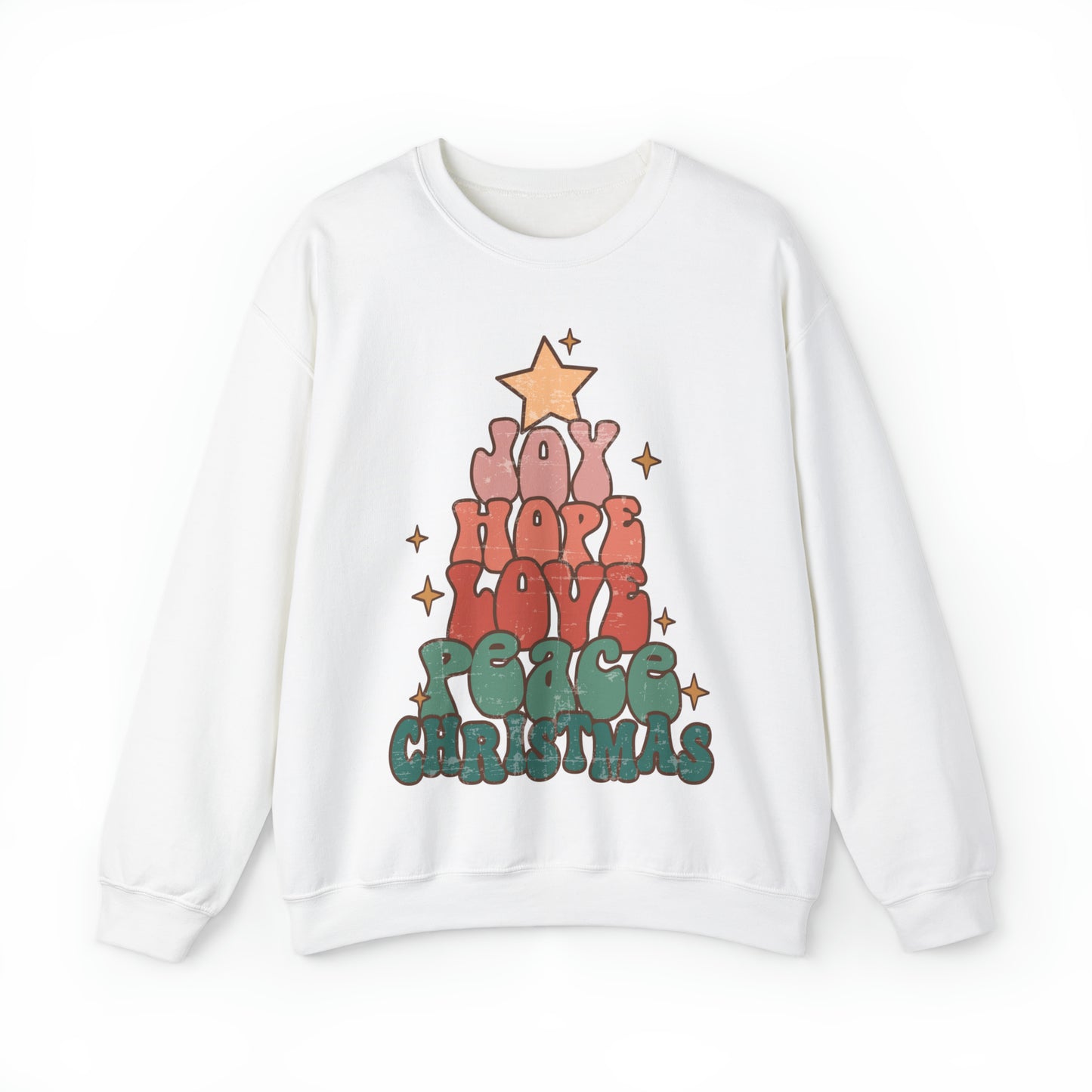 Retro Christmas tree sweatshirt, joy and love sweater, cute vintage inspired distressed graphic xmas hoodie, groovy winter holiday outfit