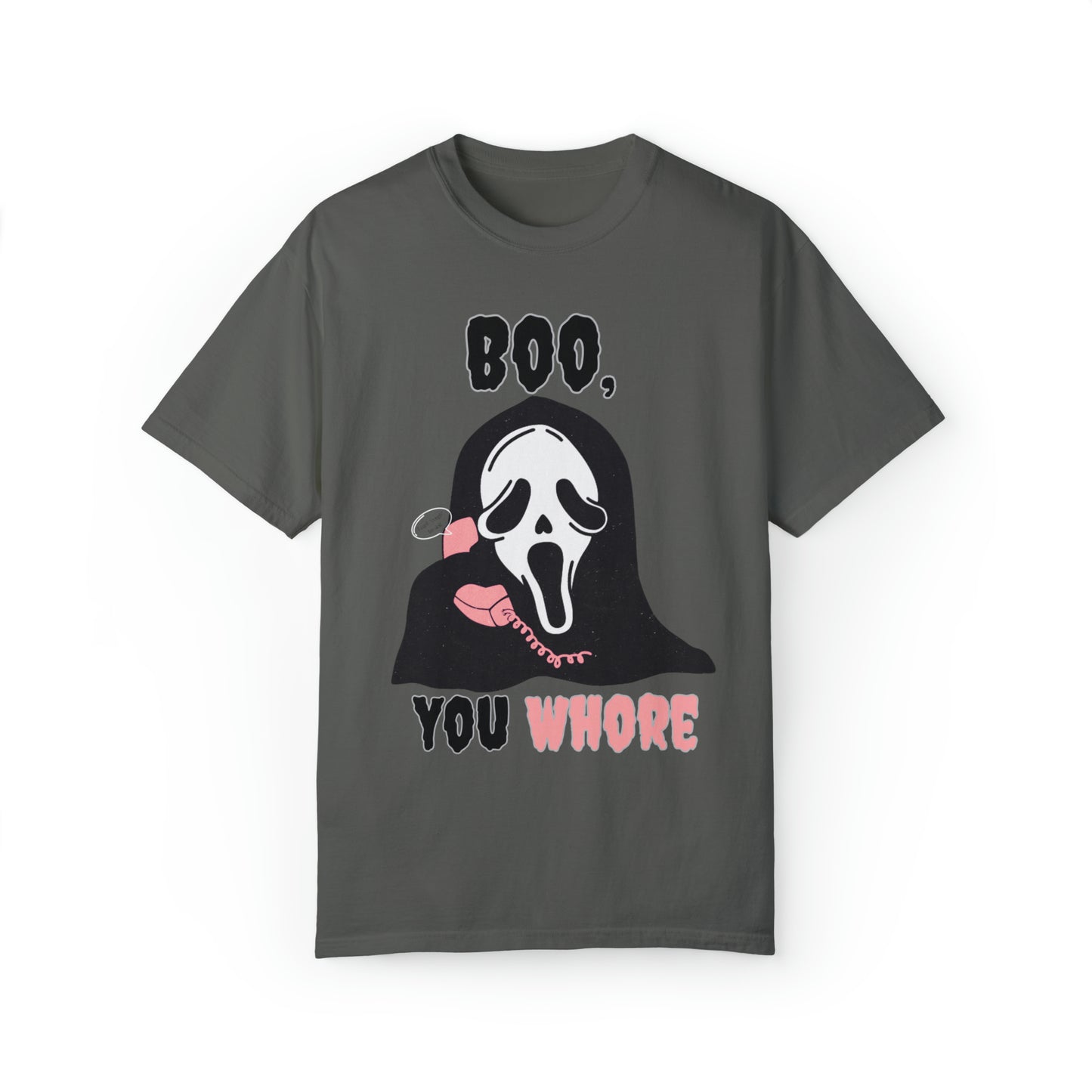 Funny Boo you whore mean girls halloween scream spoof tshirt, cute spooky season shirt, boho scary movie watching tee, ghost face