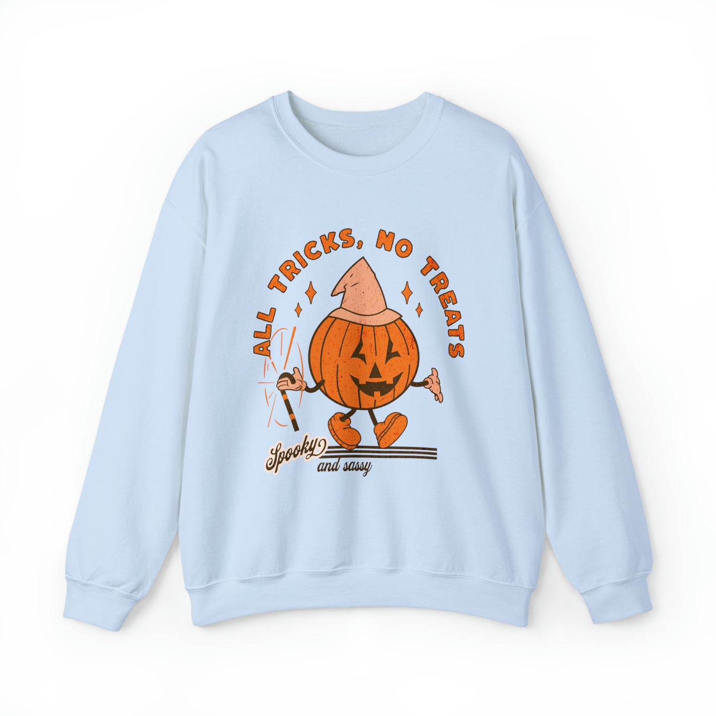 All tricks no treats funny retro groovy pumpkin sweatshirt, vintage inspired pumpkin halloween hoodie, spooky season sassy sweater