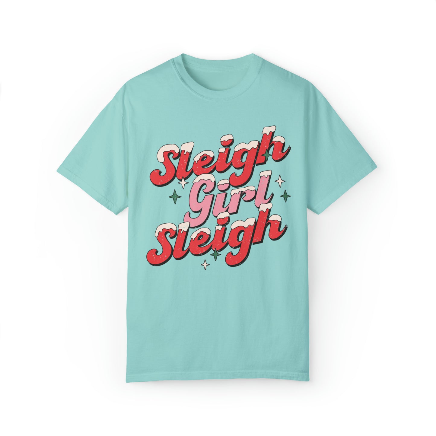 comfort colors sleigh girl sleigh funny christmas tshirt, winter holiday snow distressed graphic tee,  santa cute xmas shirt, tis the season, festive sassy outfit