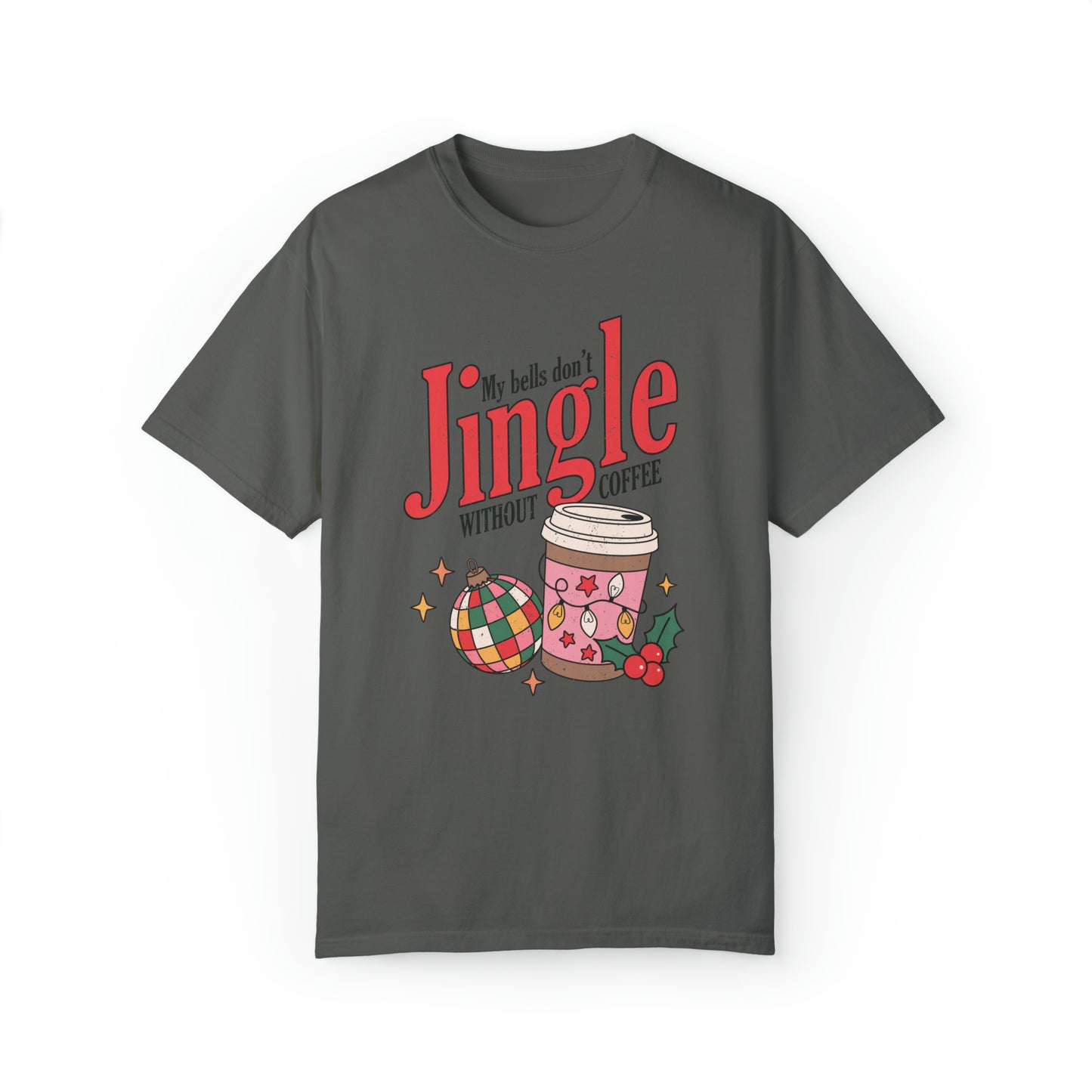 Comfort colors cute coffee lovers christmas shirt, funny jingle bells holiday tshirt, retro groovy disco xmas graphic tee, festive tis the season santa outfit