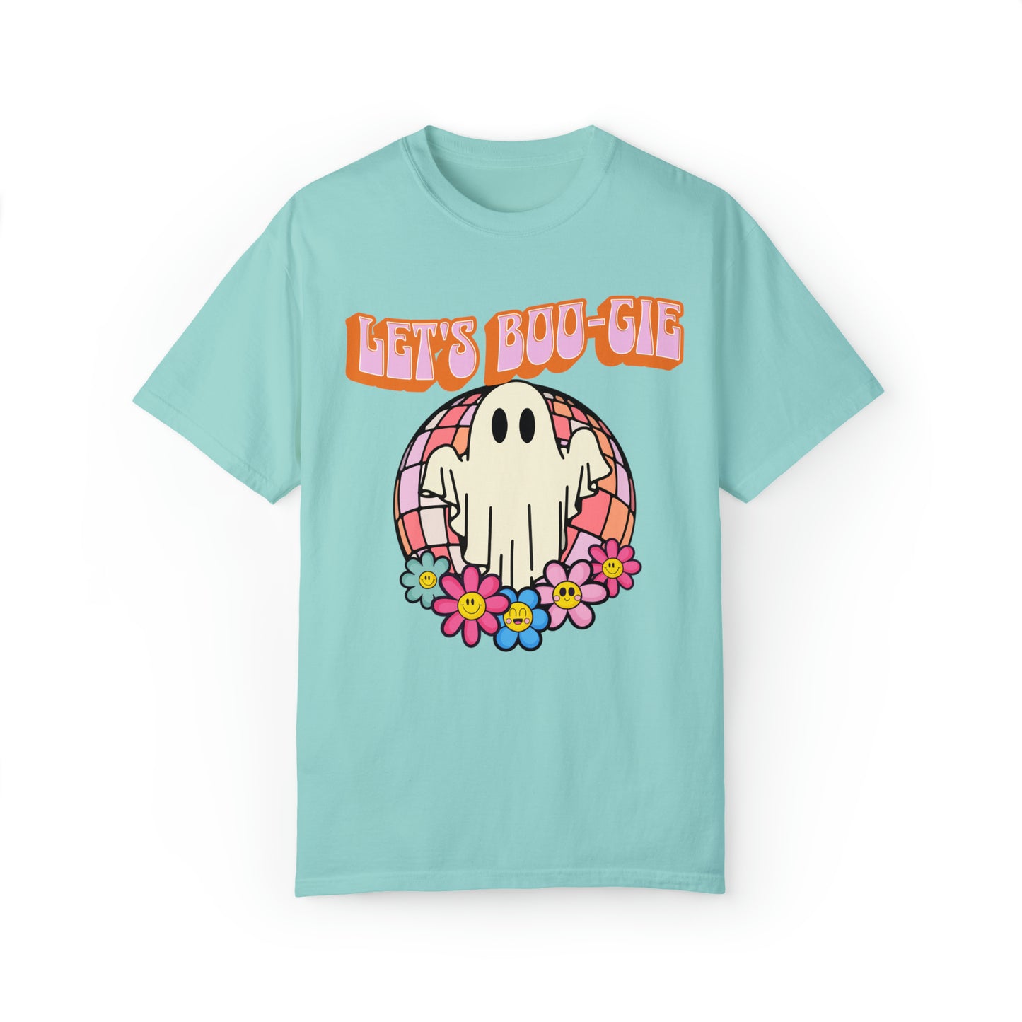 Comfort colors cute funny ghost halloween pun tshirt, lets boogie dance party shirt, groovy retro ghoul boo-ghie fall tee, autumn holiday