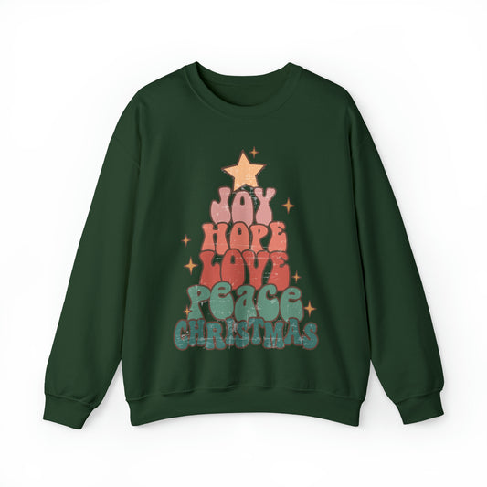 Retro Christmas tree sweatshirt, joy and love sweater, cute vintage inspired distressed graphic xmas hoodie, groovy winter holiday outfit