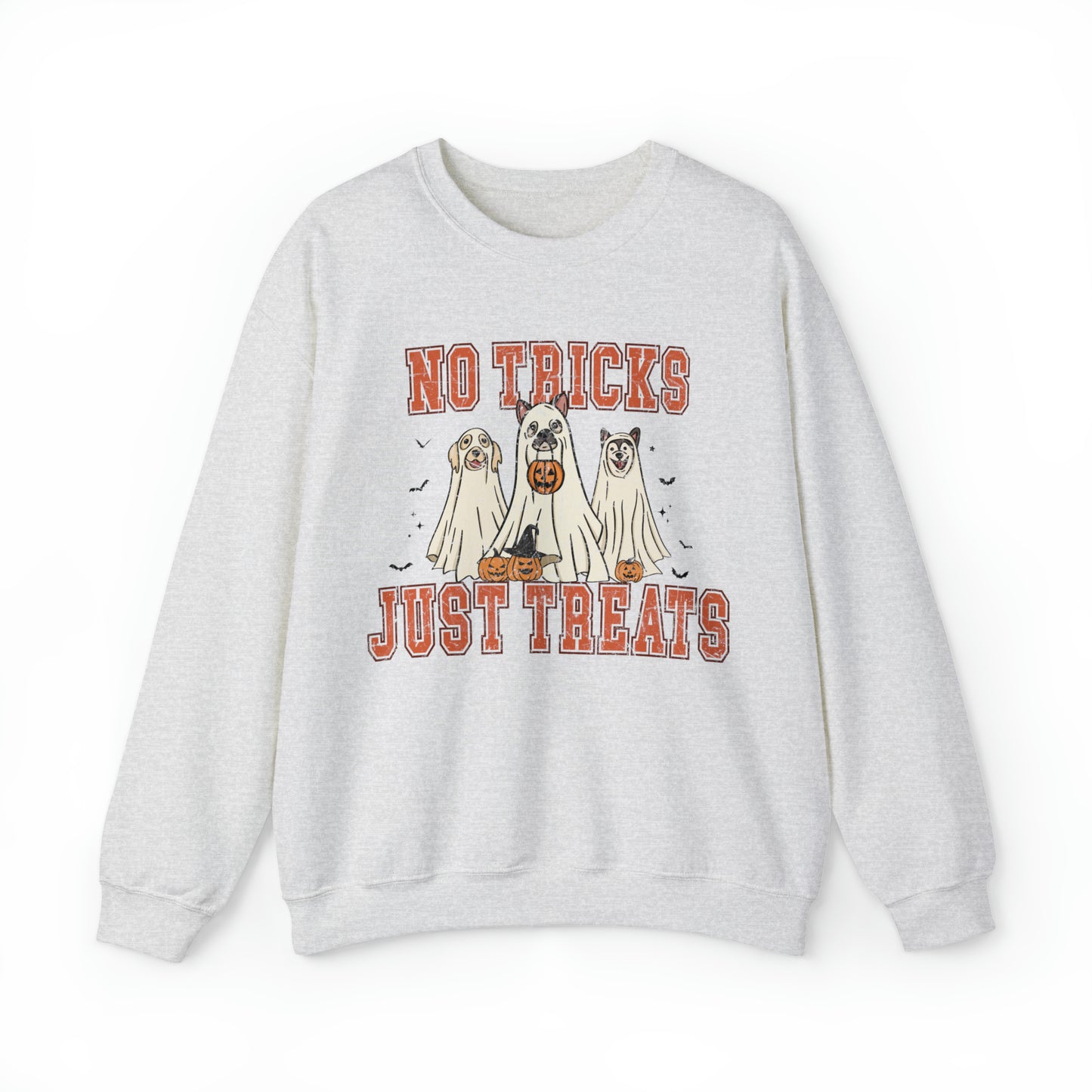 Funny no tricks just treats dog mom puppy person sweatshirt, cute minimalist halloween hoodie, retro ghost sweater, distressed graphic sweats