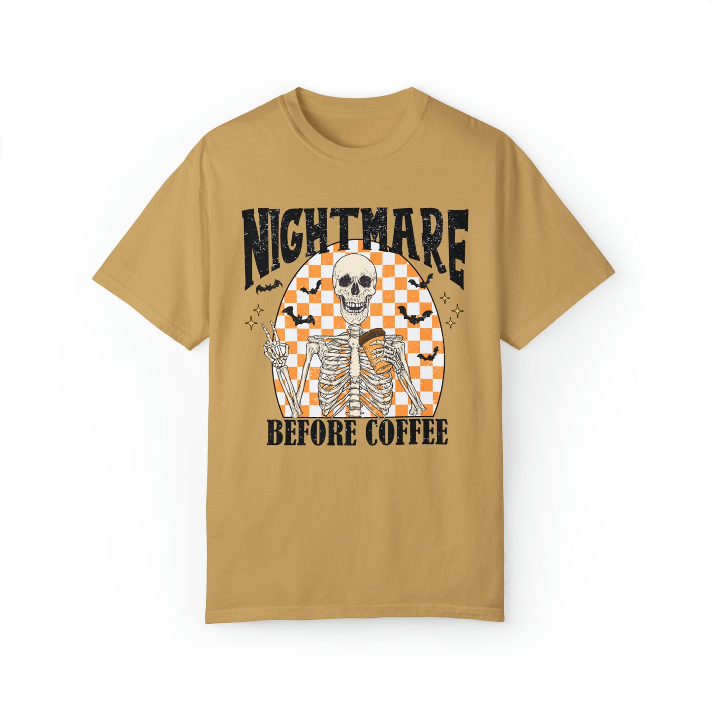 Comfort color funny retro skeleton caffiene lover halloween tshirt groovy spooky season nightmare before coffee shirt distressed graphic tee