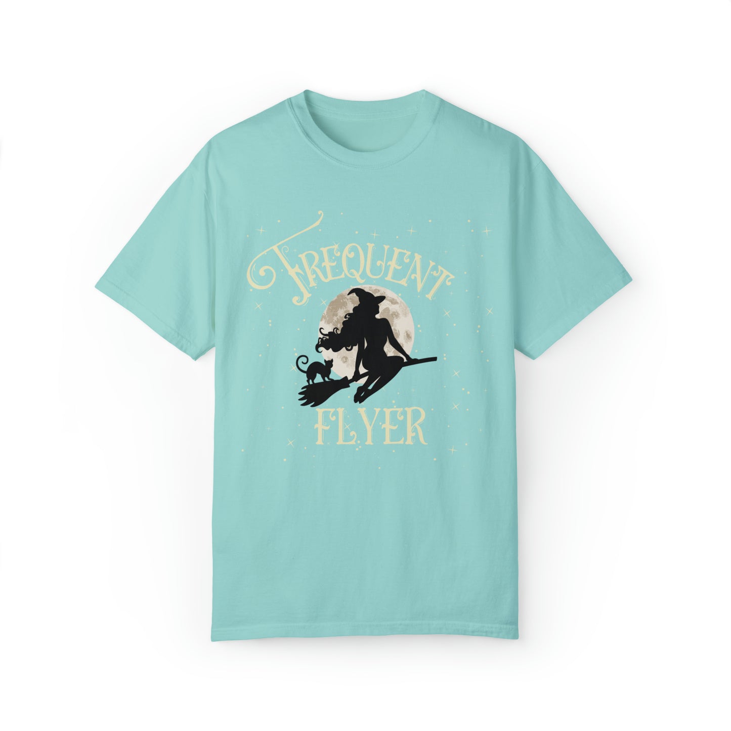 Comfort colors cute witchy halloween tshirt, funny frequent flyer pun witch shirt, black cat spooky celestial tee, victorian autumn fall