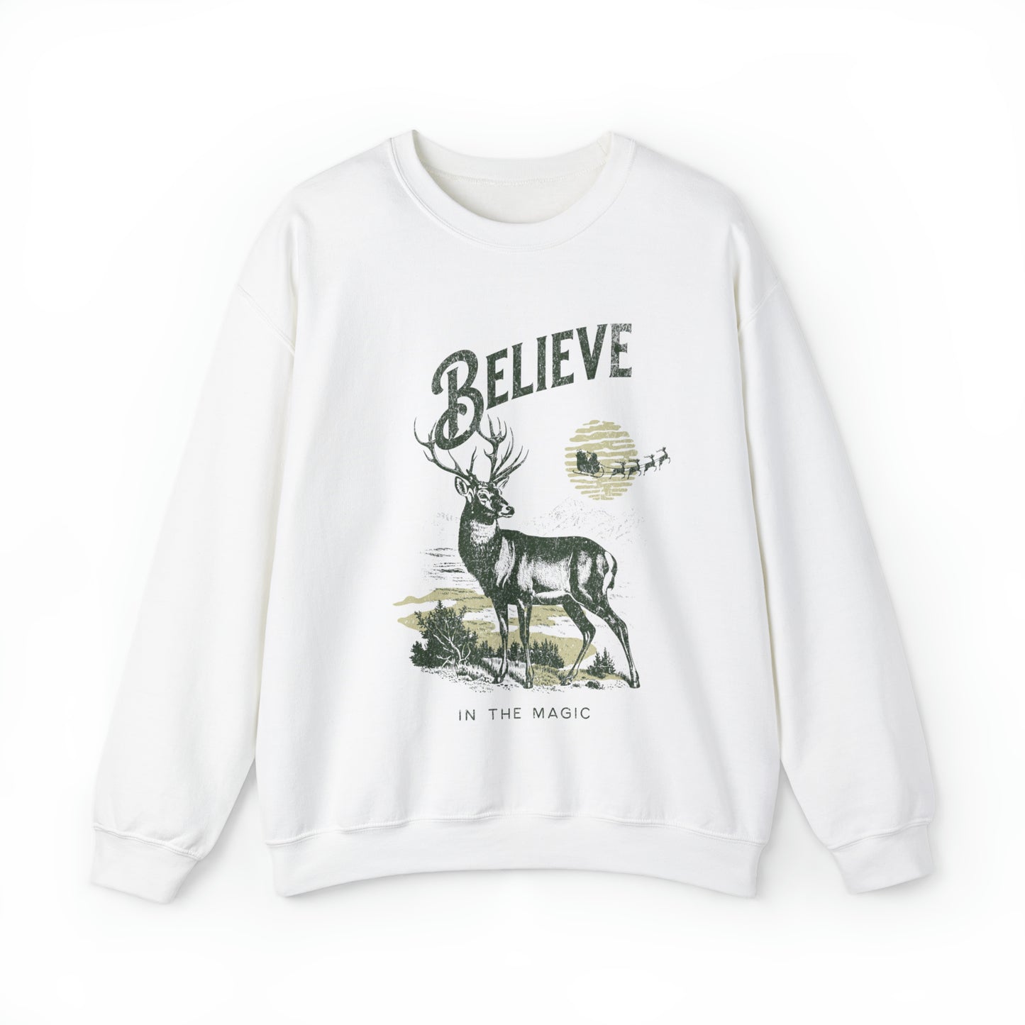 Cute vintage inspired reindeer sweatshirt, north pole santa claus sweater, believe in the magic christmas hoodie, winter holiday holly jolly outfit, merry xmas