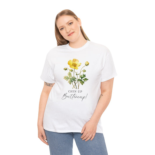 Cute minimalist wildflower tshirt, chin up buttercup postive message shirt, inspirational uplifting good vibe floral tee, happy gift for her