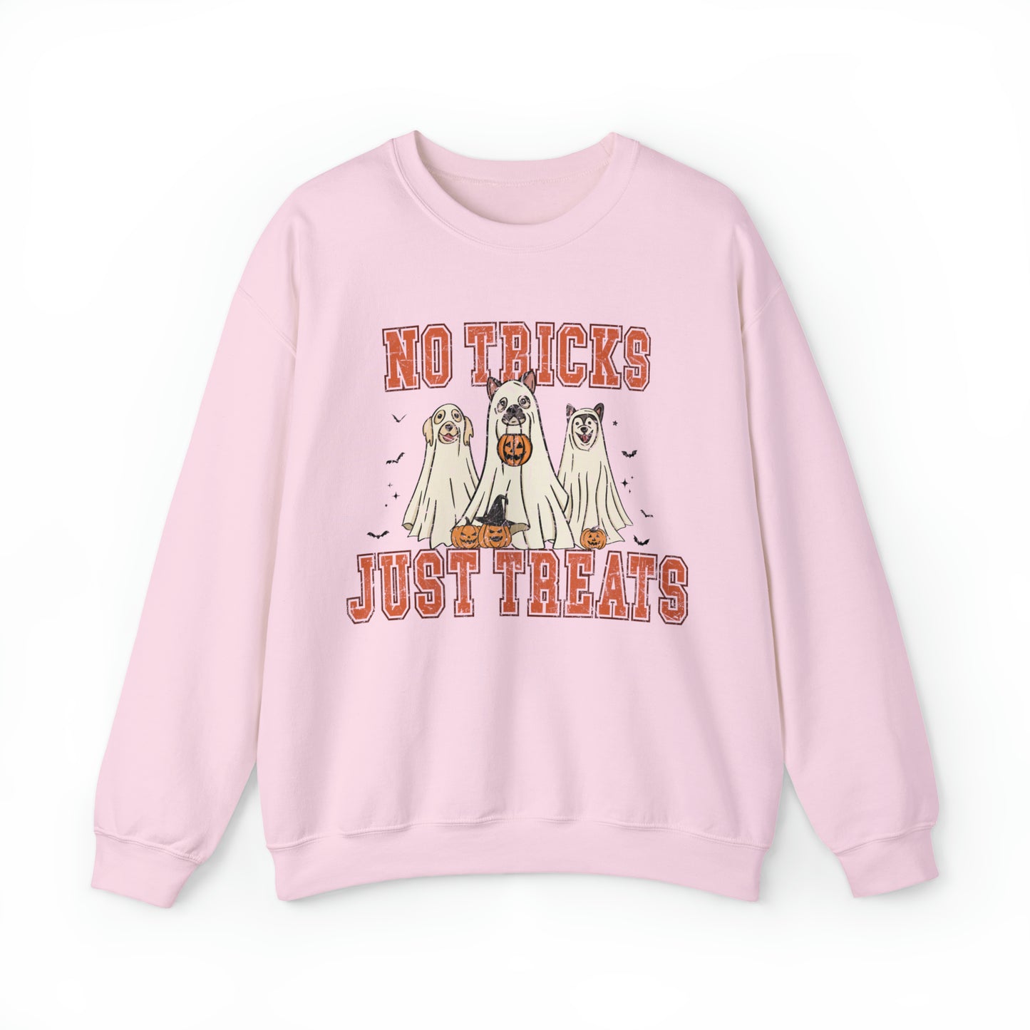 Funny no tricks just treats dog mom puppy person sweatshirt, cute minimalist halloween hoodie, retro ghost sweater, distressed graphic sweats