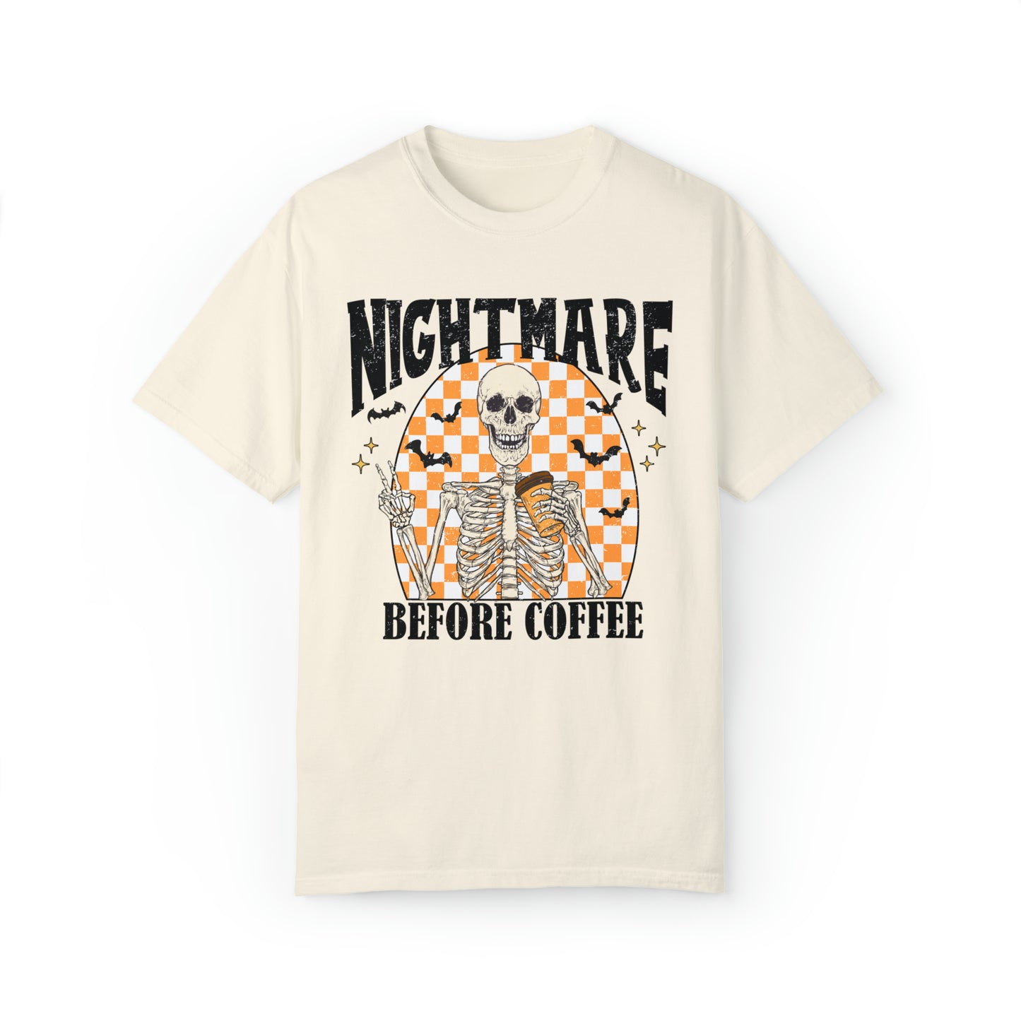 Comfort color funny retro skeleton caffiene lover halloween tshirt groovy spooky season nightmare before coffee shirt distressed graphic tee