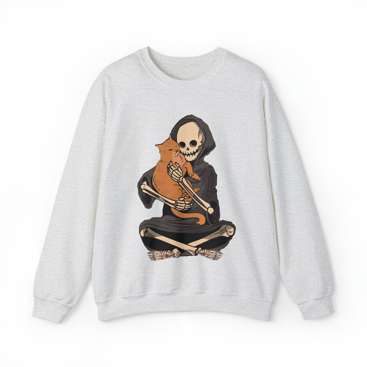 Funny skeleton and cat halloween hoodie, cute skull death kitten lover spooky sweatshirt, boho fall autumn graphic sweater, witchy aesthetic