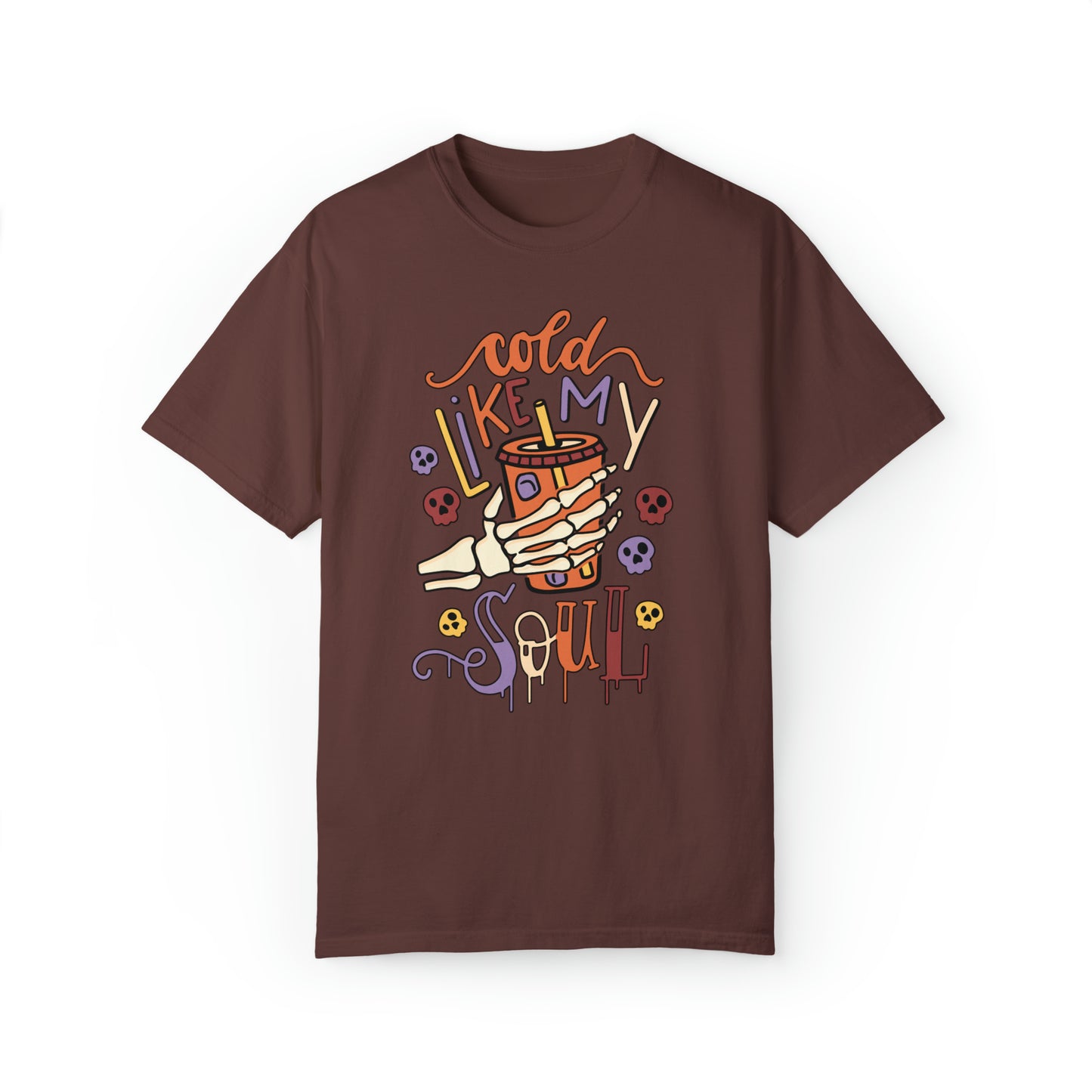 Comfort colors funny cold like my soul Iced coffee halloween tshirt, coffe lovers tee, autumn fall shirt, spooky season tshirt, skeleton graphic tee