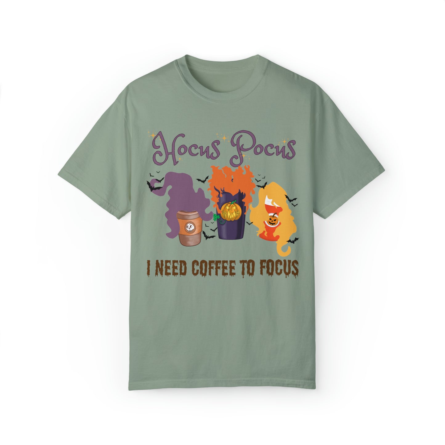 Comfort colors funny hocus pocus I need coffee focus sanderson sisters halloween witch tshirt, groovy retro fall autumn spooky season shirt