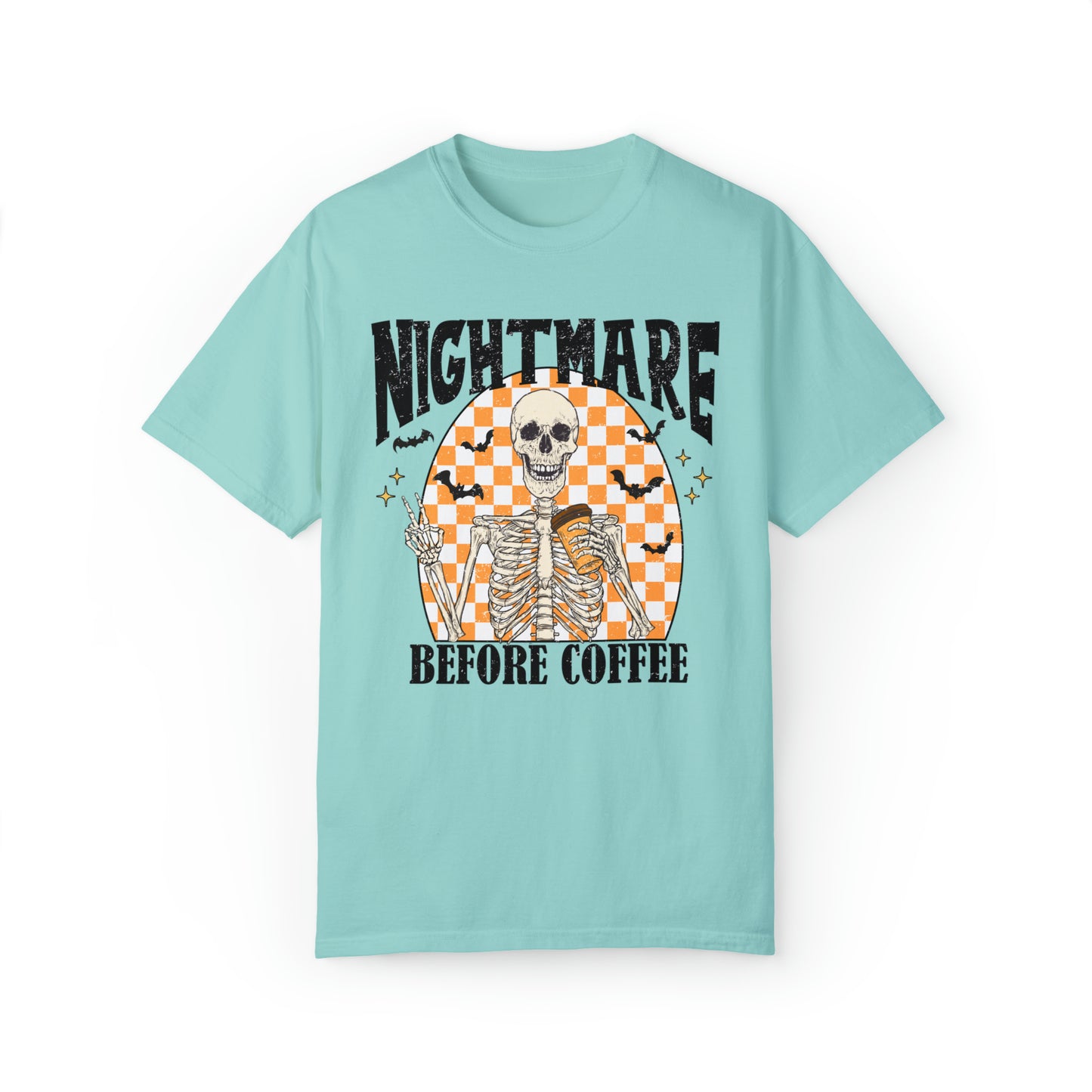 Comfort color funny retro skeleton caffiene lover halloween tshirt groovy spooky season nightmare before coffee shirt distressed graphic tee