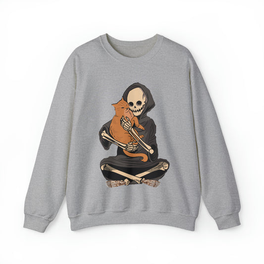 Funny skeleton and cat halloween hoodie, cute skull death kitten lover spooky sweatshirt, boho fall autumn graphic sweater, witchy aesthetic