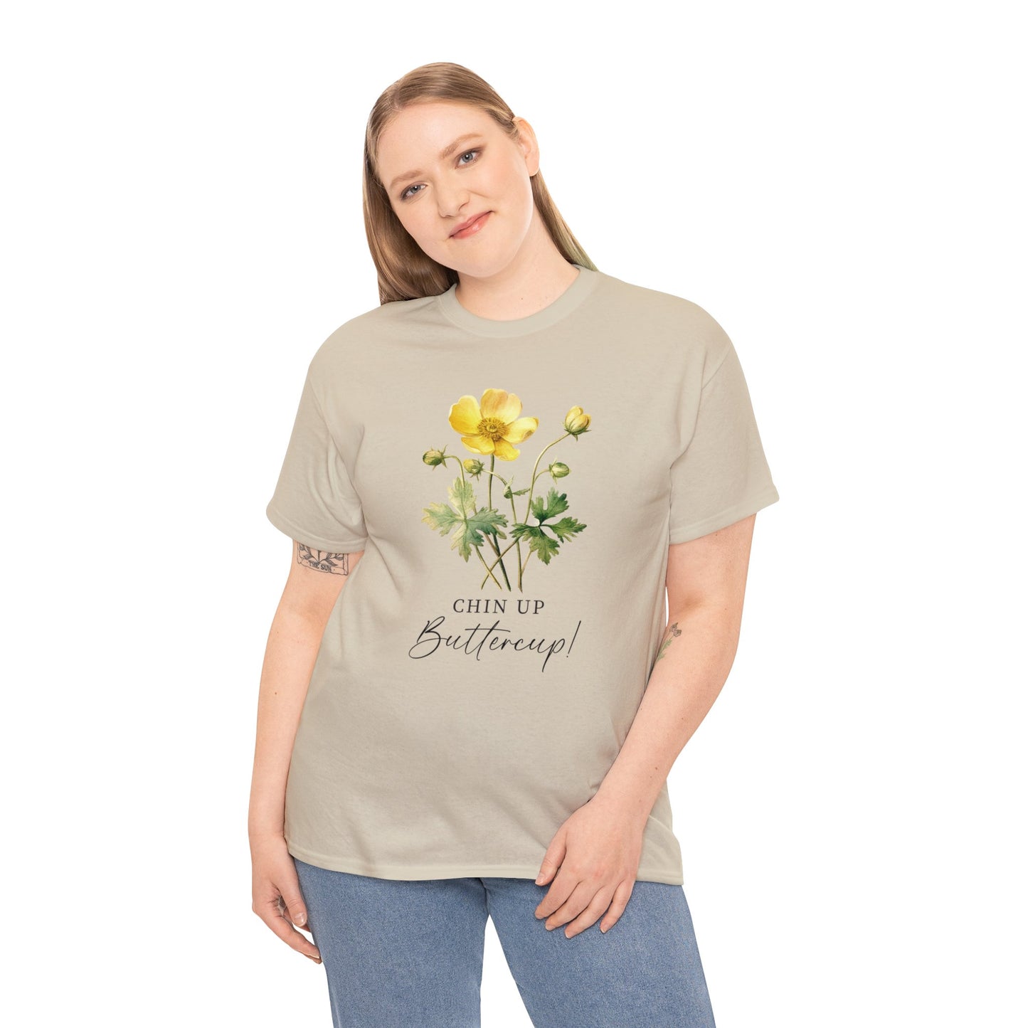 Cute minimalist wildflower tshirt, chin up buttercup postive message shirt, inspirational uplifting good vibe floral tee, happy gift for her