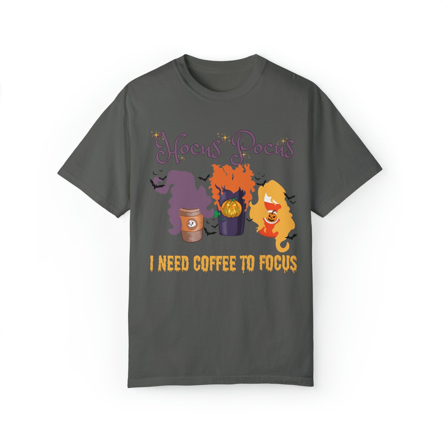 Comfort colors funny hocus pocus I need coffee focus sanderson sisters halloween witch tshirt, groovy retro fall autumn spooky season shirt