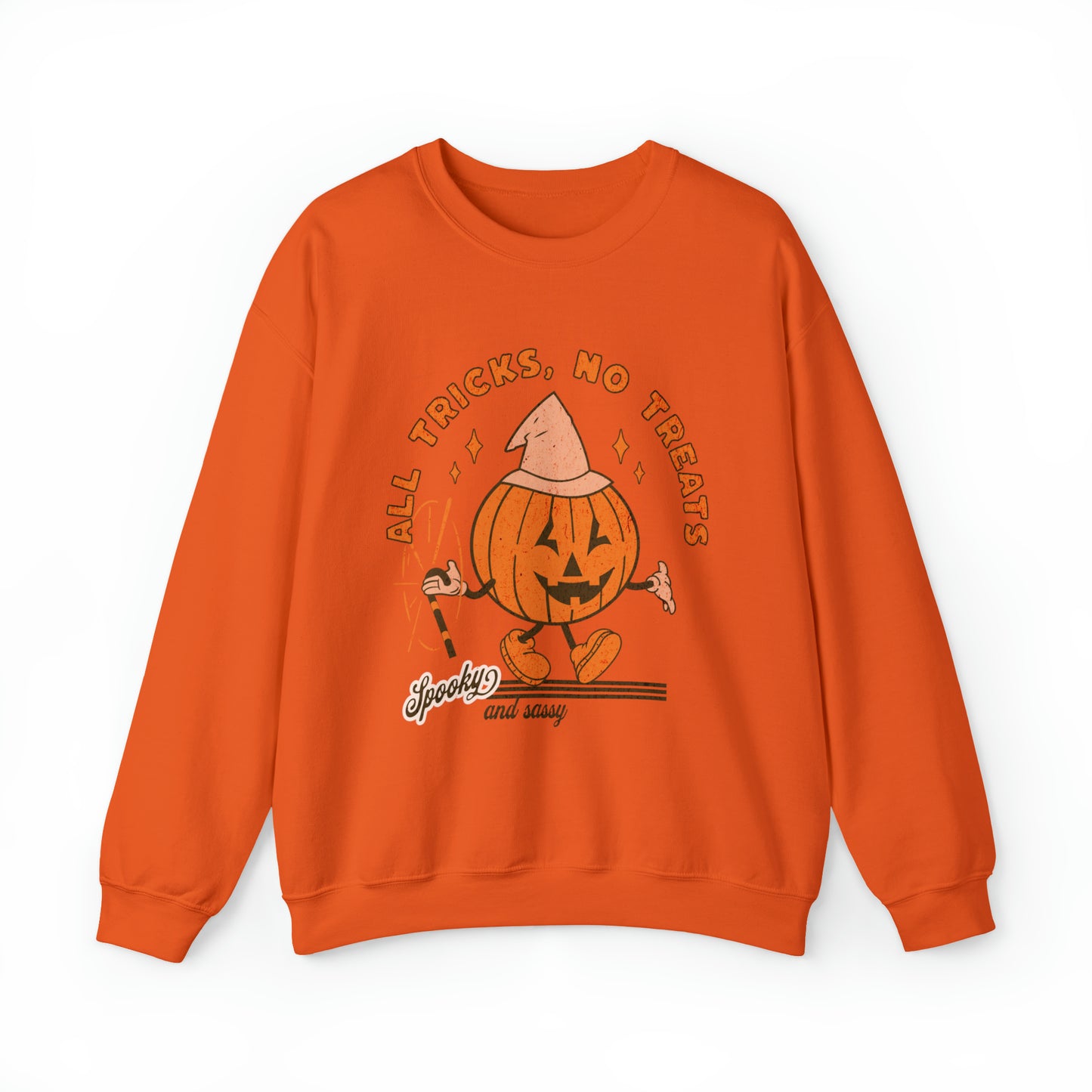 All tricks no treats funny retro groovy pumpkin sweatshirt, vintage inspired pumpkin halloween hoodie, spooky season sassy sweater