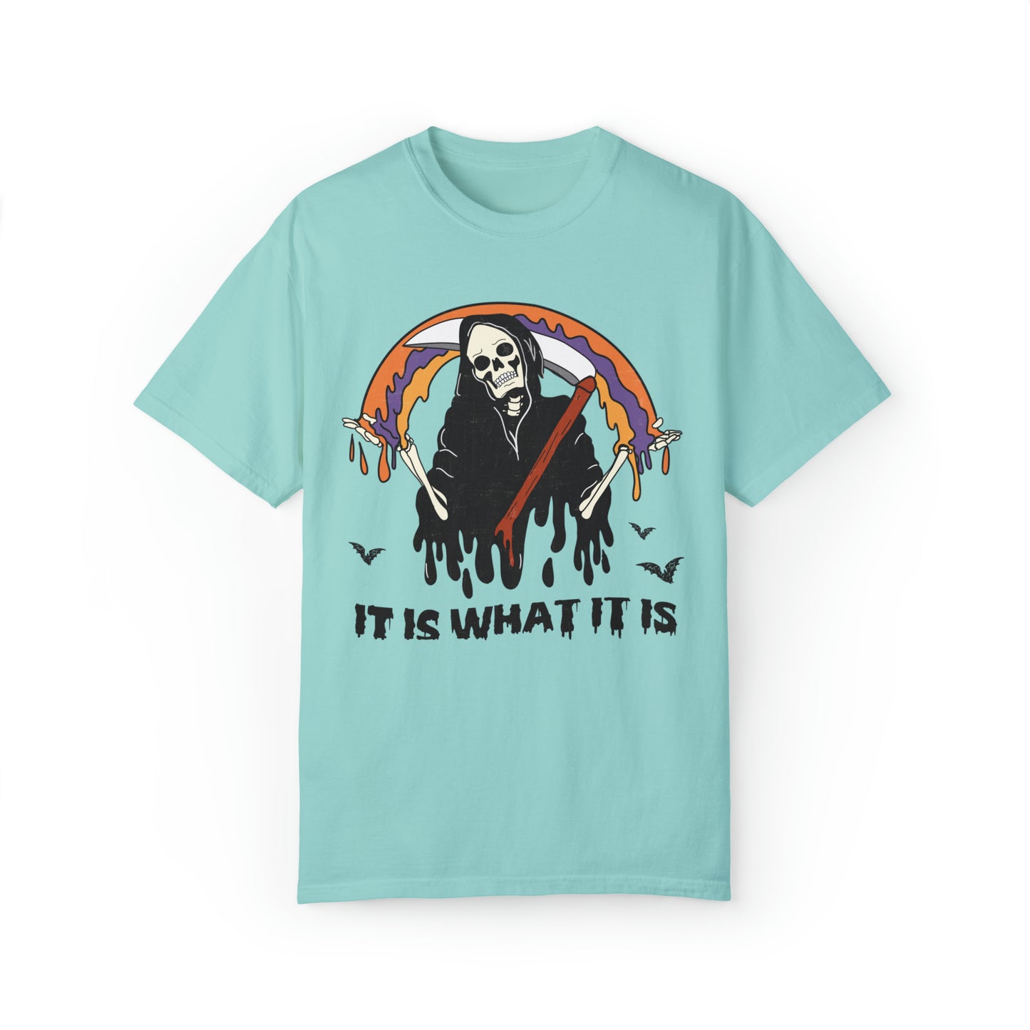 Comfort color funny skeleton grim reaper it is what it is tshirt, groovy meme halloween skeleton shirt, fall autumn graphic tee, death skull