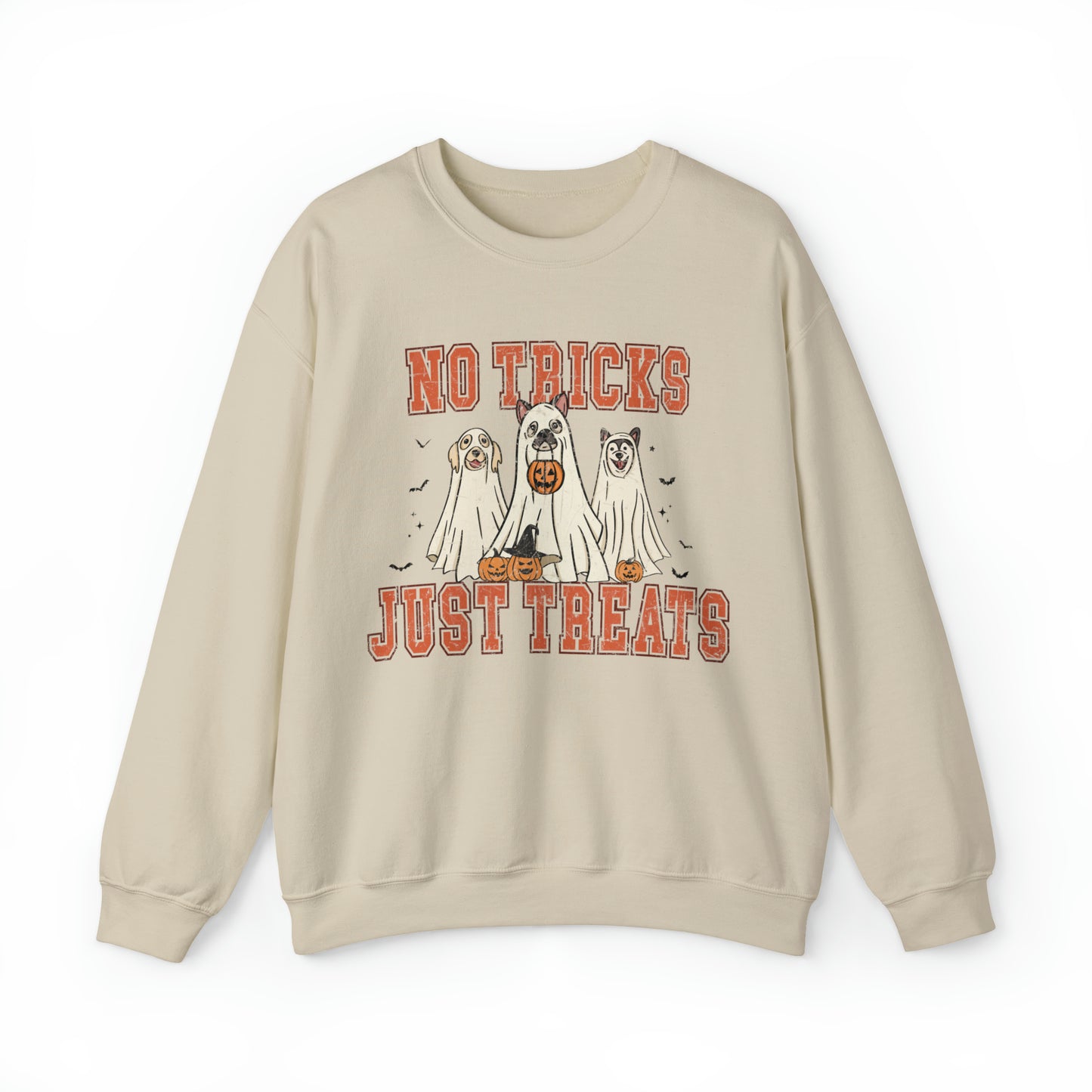 Funny no tricks just treats dog mom puppy person sweatshirt, cute minimalist halloween hoodie, retro ghost sweater, distressed graphic sweats