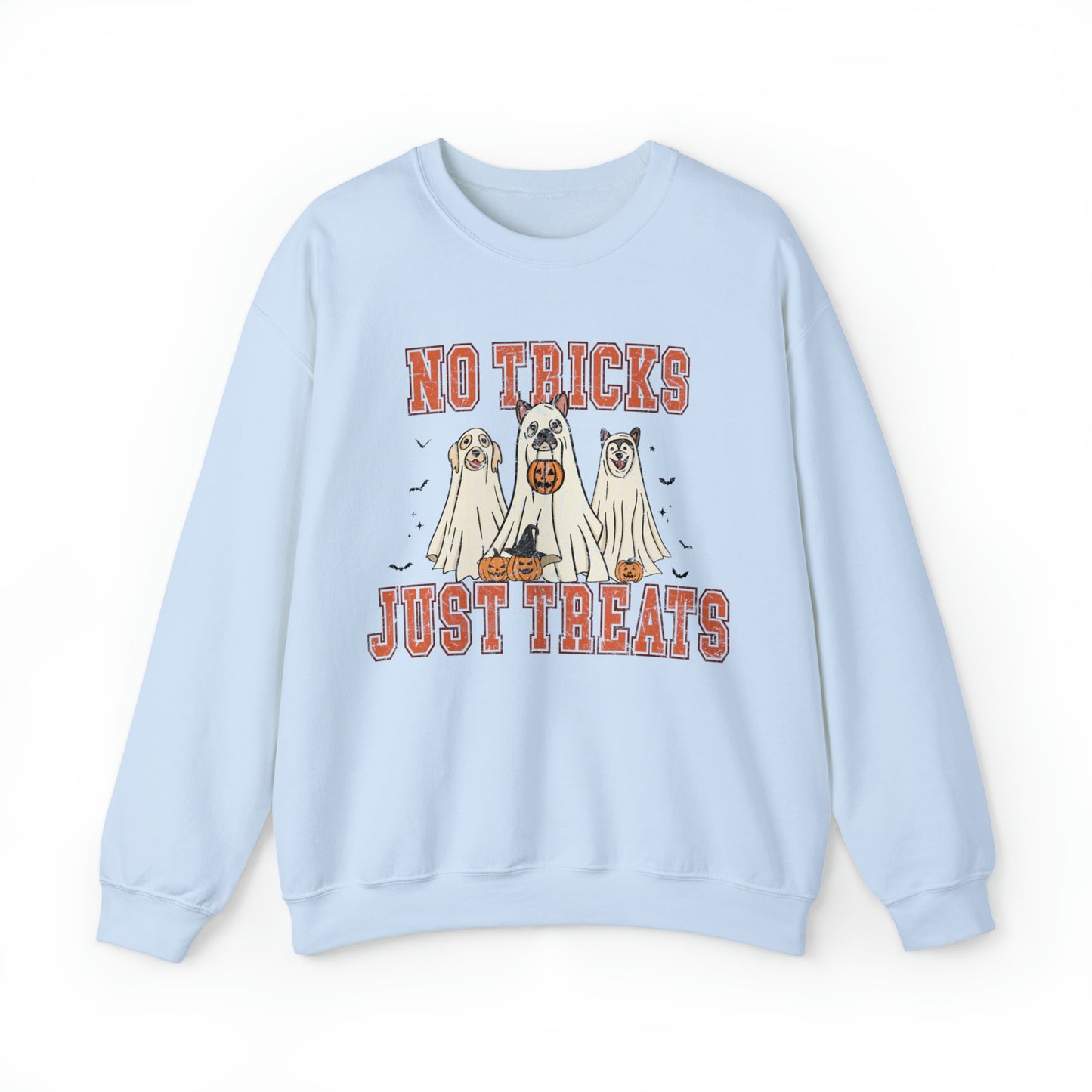 Funny no tricks just treats dog mom puppy person sweatshirt, cute minimalist halloween hoodie, retro ghost sweater, distressed graphic sweats