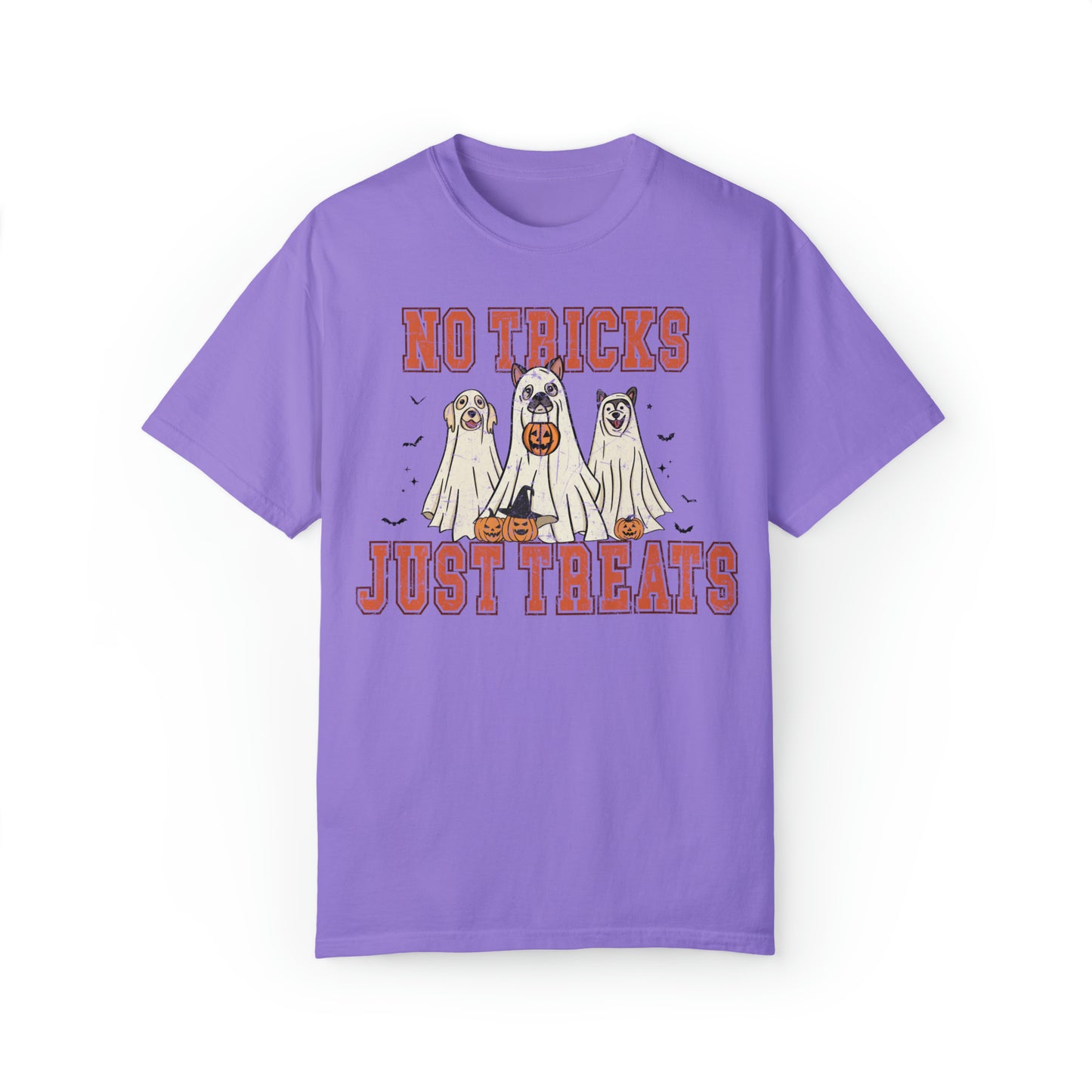 Comfort colors funny dog lover halloween tshirt, retro dog mom ghost no tricks just treats cute spooky season shirt, groovy distressed graphic tee