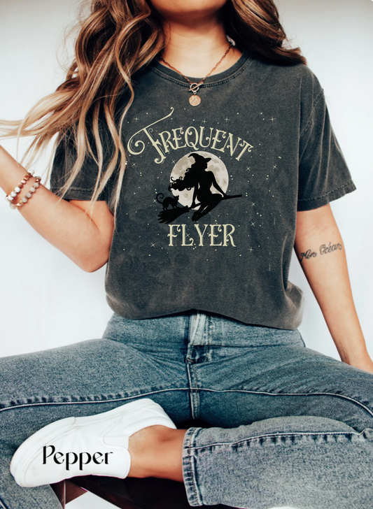 Comfort colors cute witchy halloween tshirt, funny frequent flyer pun witch shirt, black cat spooky celestial tee, victorian autumn fall