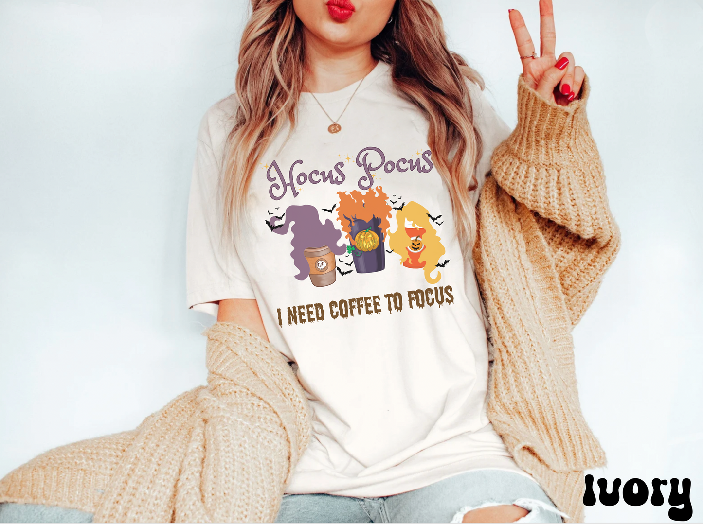 Comfort colors funny hocus pocus I need coffee focus sanderson sisters halloween witch tshirt, groovy retro fall autumn spooky season shirt