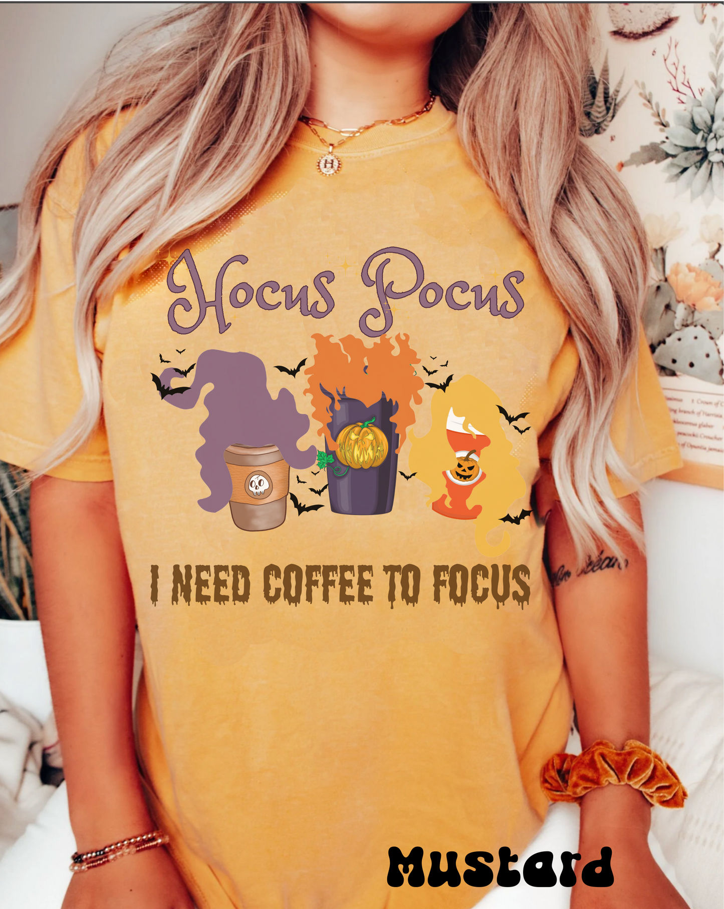 Comfort colors funny hocus pocus I need coffee focus sanderson sisters halloween witch tshirt, groovy retro fall autumn spooky season shirt