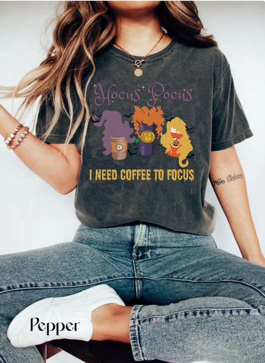 Comfort colors funny hocus pocus I need coffee focus sanderson sisters halloween witch tshirt, groovy retro fall autumn spooky season shirt