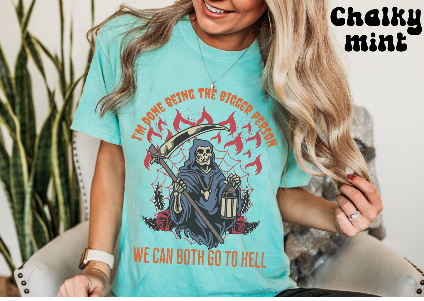 Comfort colors funny spooky skeleton grim reaper halloween tshirt, dark humor petty we can both go to hell shirt, skull meme graphic tee