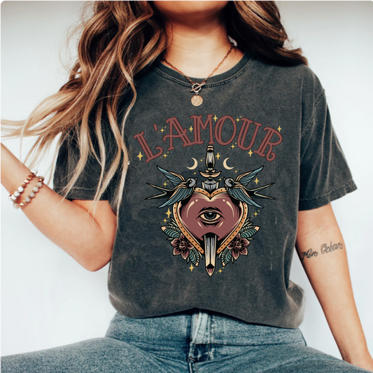 Comfort colors vintage tattoo style broken heart tshirt, retro love birds L'Amour shirt, french girl style, boho Paris france tee moon phase