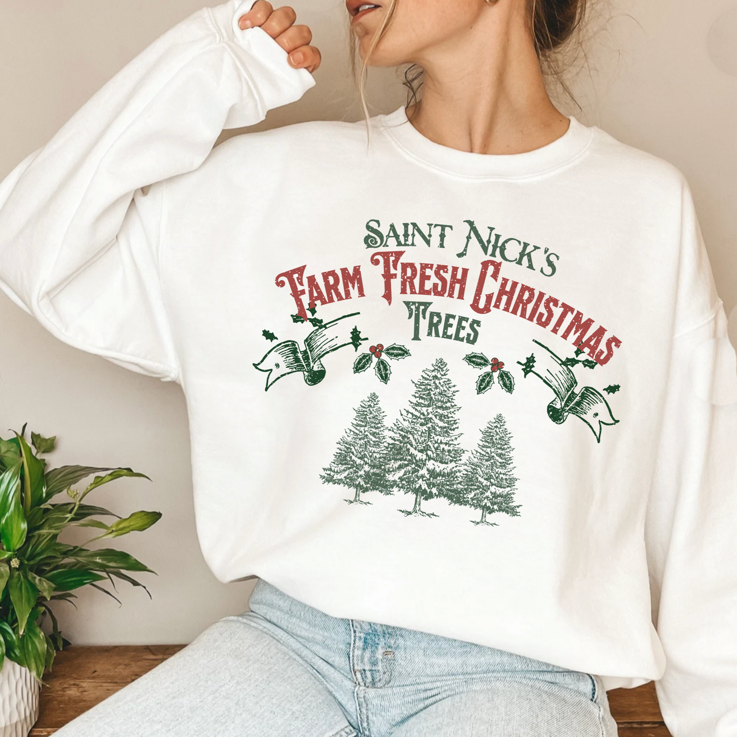 Cute Holiday Sweater, Saint Nick's farm fresh Christmas trees hoodie, Vintage inspired cozy xmas sweatshirt, holly jolly, merry, santa claus