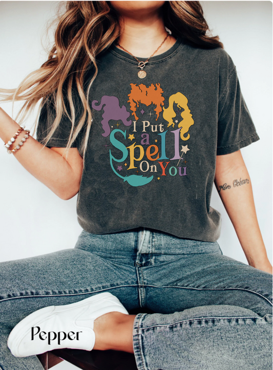 Comfort colors cute witchy halloween tshirt, retro sanderson sisters I put a spell on you broomstick shirt, vintage inspired fall autumn tee