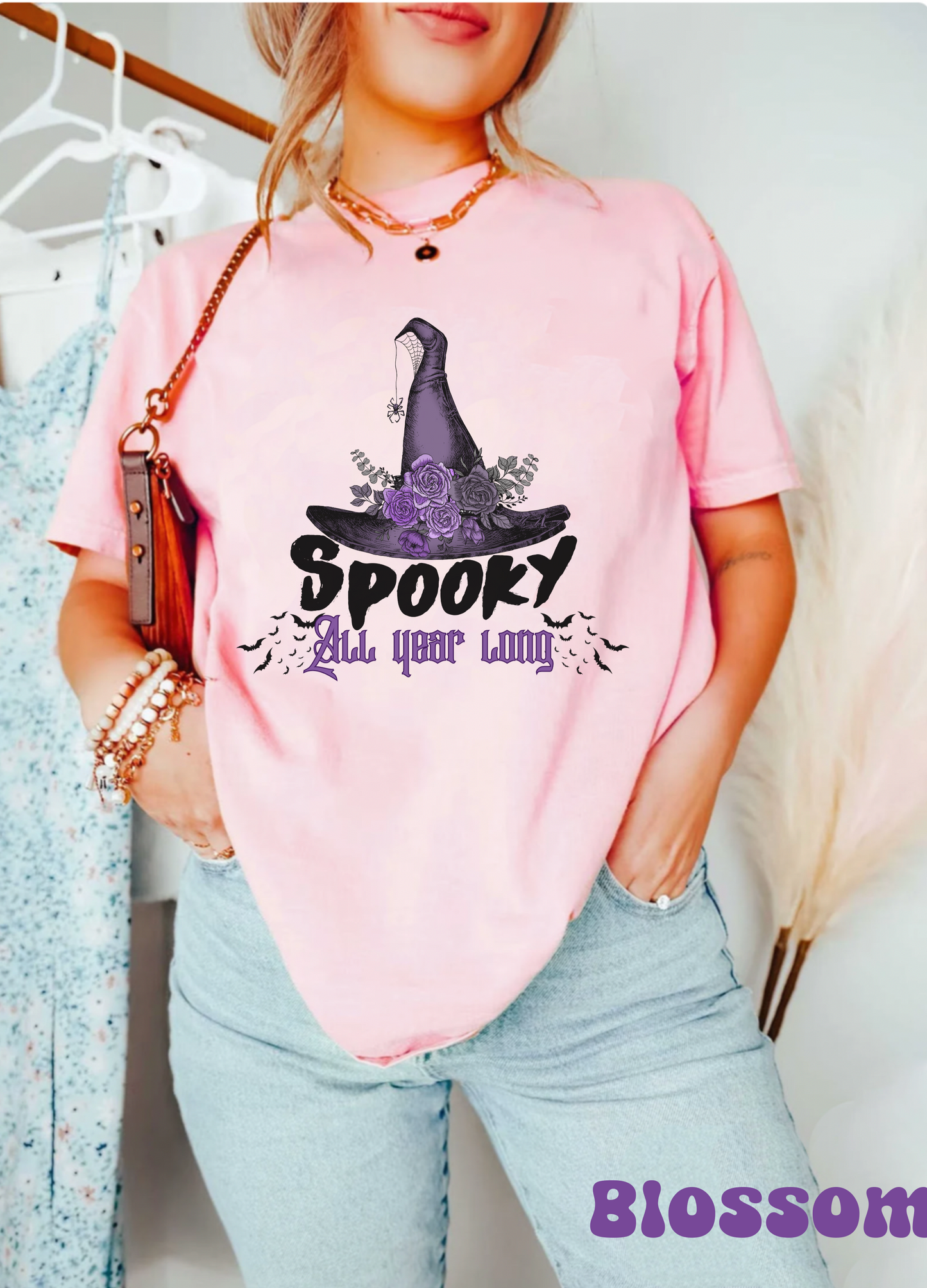 Comfort colors spooky all year long witch hat tshirt, funny halloween hoodie, cute gothic wednesday tee, party costume autumn fall outfit