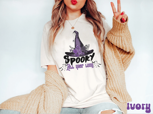 Comfort colors spooky all year long witch hat tshirt, funny halloween hoodie, cute gothic wednesday tee, party costume autumn fall outfit