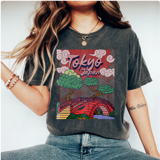 Comfort colors tokyo japan anime style tshirt, cute japanese cityscape bridge shirt, vintage inspired cartoon art tee, retro graphic tee