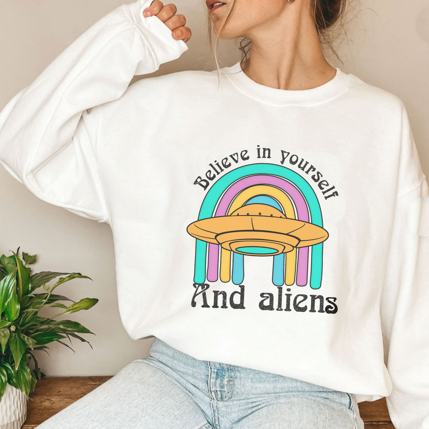 Funny believe in yourself sweatshirt, retro 60s, 70s aesthetic hoodie, aliens sweater, 90s inspired psychadelic shirt