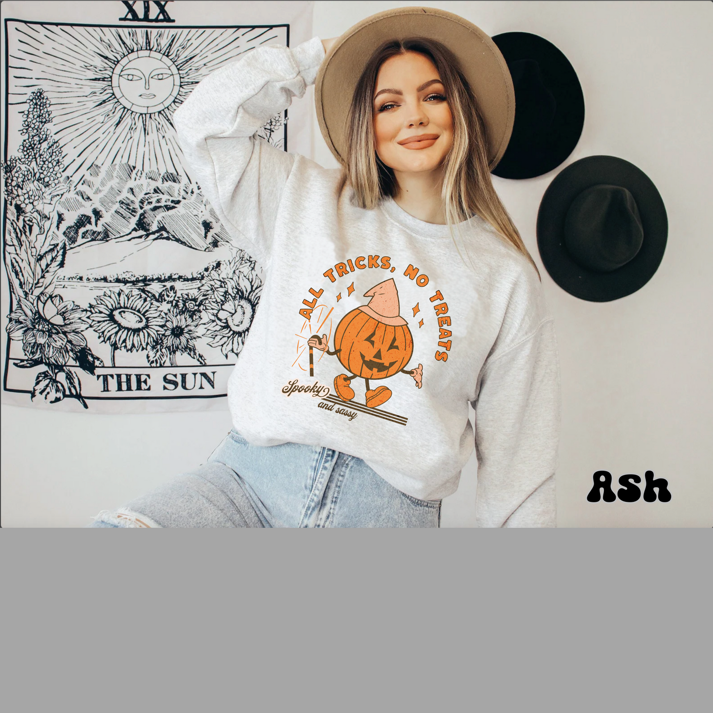 All tricks no treats funny retro groovy pumpkin sweatshirt, vintage inspired pumpkin halloween hoodie, spooky season sassy sweater