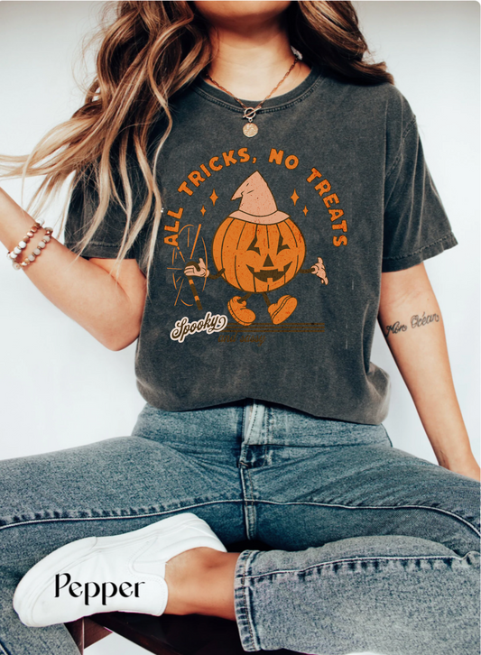 Comfort colors All tricks no treats funny retro groovy pumpkin tshirt, vintage inspired pumpkin halloween shirt, spooky season sassy tee